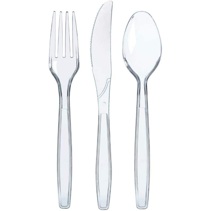 Set tacamuri din plastic transparent, 300 piese, furculite linguri cutite, alb, 100x100x100 buc