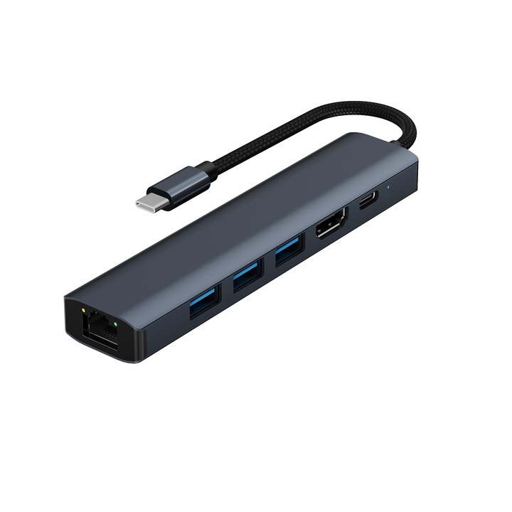 ХЪБ USB-C 6-в-1, PRESTIGE CHARGE®, монитор, захранване, мрежа и данни - 1000Mbps Gigabit Ethernet LAN порт, 4K HDMI, 100W PD, 3*USB 3.0 5Gbps - Идеален за лаптоп, таблет и други USB устройства - ° С