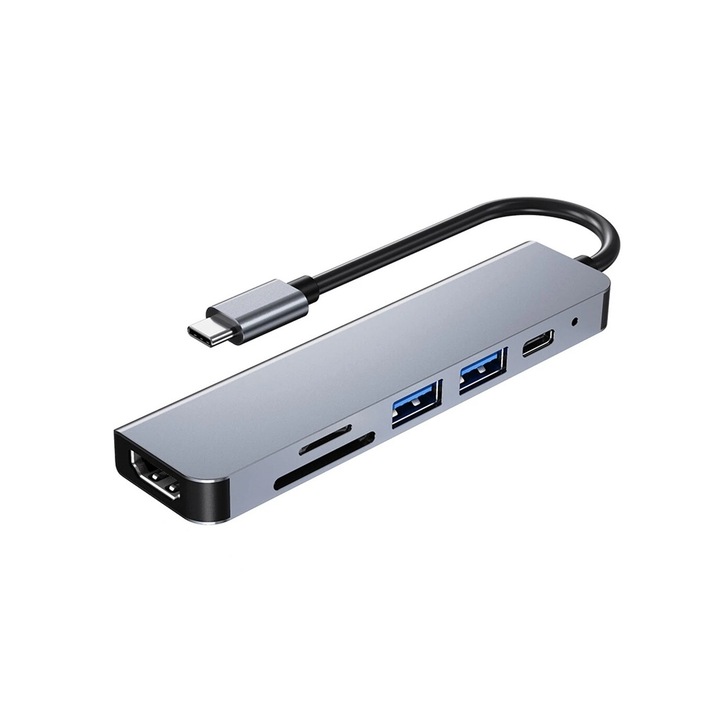 Хъб USB-C 6-в-1, PRESTIGE CHARGE®, монитор, захранване и данни - 4K HDMI порт, 100W PD, USB 3.0 5Gbps, USB 2.0 и SD/TF четец на карти - Идеален за лаптоп, таблет и други USB устройства - ° С