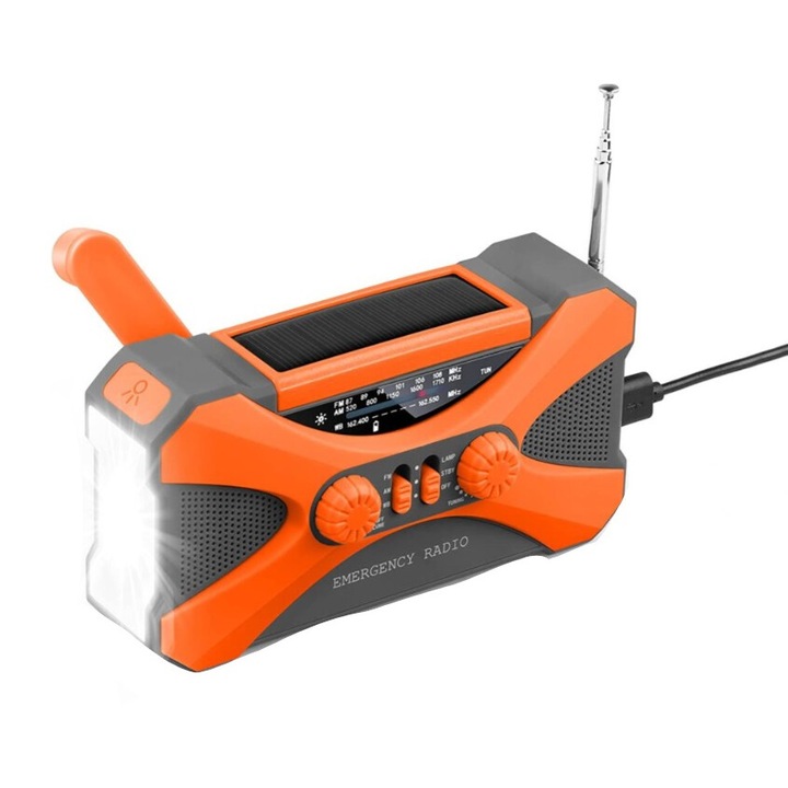 Преносимо аварийно радио, с манивела и соларен панел, фенерче, SOS аларма, FM/AM/NOAA, водоустойчиво, сиво/оранжево