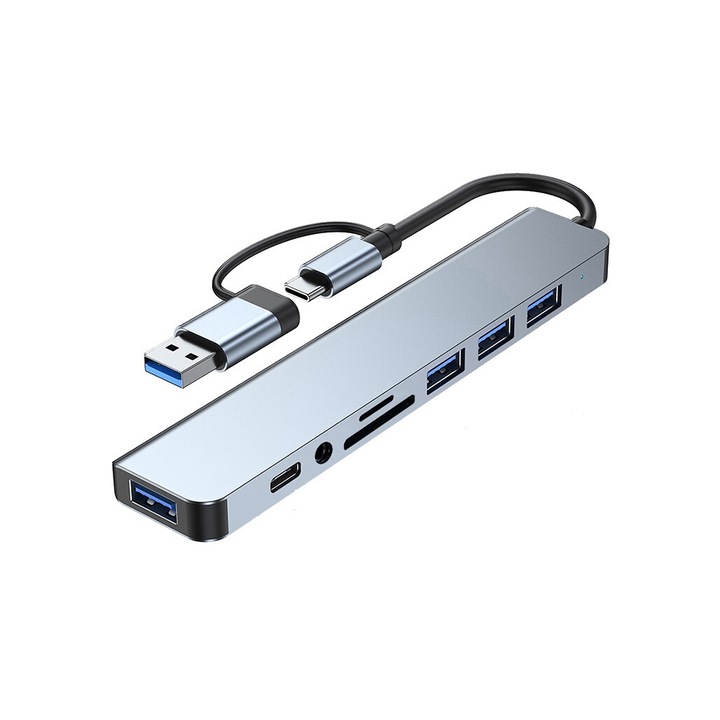 ХЪБ USB/USB-C 8-в-2, PRESTIGE CHARGE®, разширена свързаност - USB 3.0, 3*USB 2.0, USB-C, SD/TF, 3,5 мм аудио жак - за лаптоп, таблет и други USB-C устройства