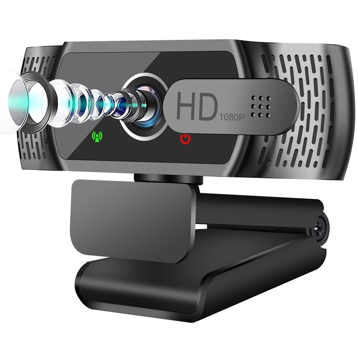 Full HD 1080P webkamera, autofókusz, automatikus fénykorrekció, fekete, 1,5 méter