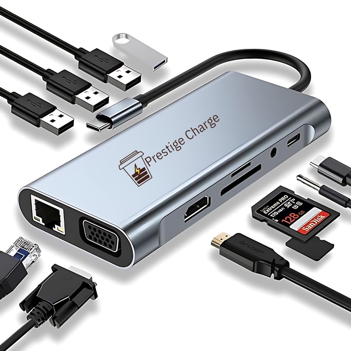 HUB USB-C 11-in-1, PRESTIGE CHARGE®, conectare 2 monitoare, alimentare, audio, retea si date - port 4K HDMI, VGA, Ethernet, 100W PD, USB 3.0 5Gbps, 3*USB2.0, 3.5mm Audio Jack, SD/TF - Ideal pentru MacBook Pro/Air, Chromebook si Alte Dispozitive USB-C