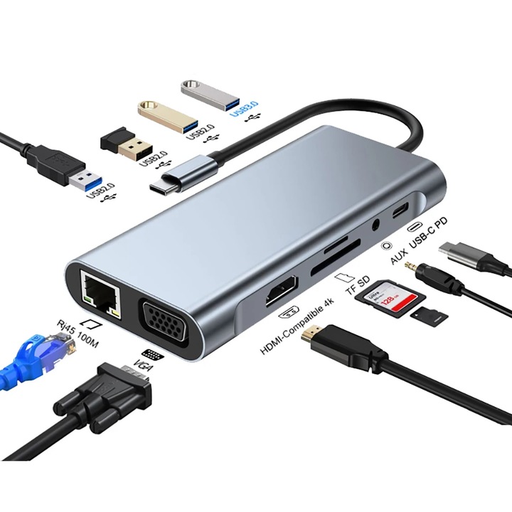 Хъб AHA PRINT, USB-C, 11 в 1, свързване на 2 монитора, зареждане, аудио, мрежа и данни - видео 4K HDMI + VGA, Ethernet, 100W PD, USB 3.0 5Gbps, 3*USB2.0, 3.5mm Аудио жак, SD/TF - Идеален за MacBook Pro/Air, Chromebook и други USB-C устройства