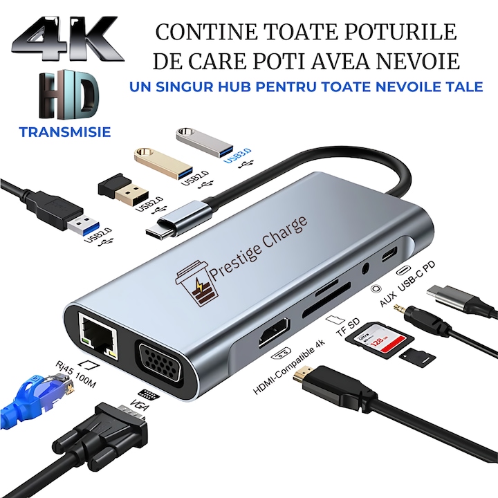 HUB USB-C 11-in-1, AHA PRINT®, conectare 2 monitoare, incarcare, audio, retea si date - video 4K HDMI + VGA, Ethernet, 100W PD, USB 3.0 5Gbps, 3*USB2.0, 3.5mm Audio Jack, SD/TF - Ideal pentru MacBook Pro/Air, Chromebook si Alte Dispozitive USB-C