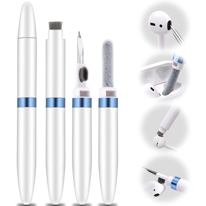 Set curatare 4 in 1 QttvbTna, pentru casti si electronice, metal si burete, Alb