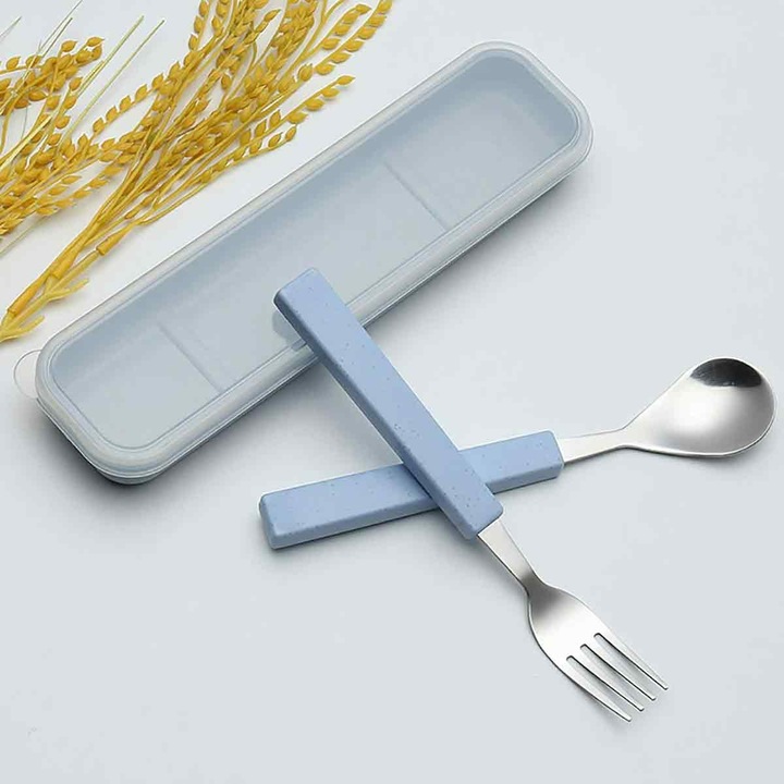Enforose gyermek evőeszköz készlet, rozsdamentes acél, modern design, utazótok, kék, 2 darab