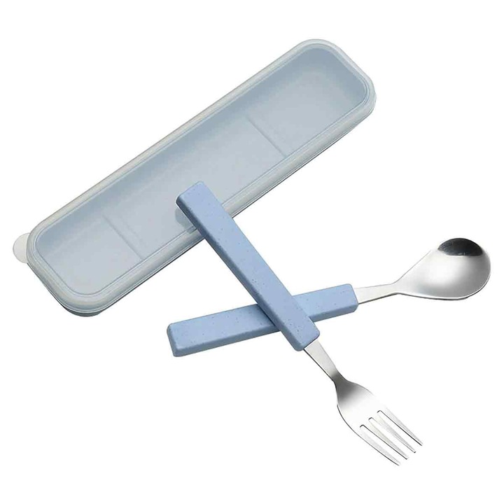 Комплект детски прибори Enforose, неръждаема стомана, модерен дизайн, калъф за пътуване, син, 2 части
