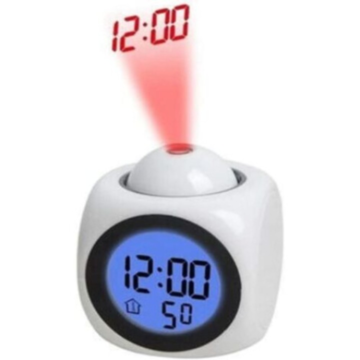 Ceas decorativ cu proiectie pe tavan si voce, LCD, alb, functie snooze
