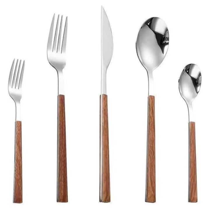Hordozható rozsdamentes acél evőeszköz készlet fa nyéllel, Jormftte, barna és ezüst színű, könnyen tisztítható