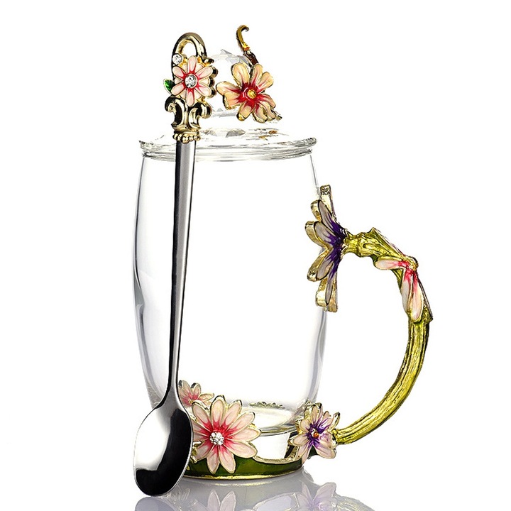 Set cana de ceai din sticla lucrata manual, cu lingurita si capac, 350ml, cadou pentru sarbatori