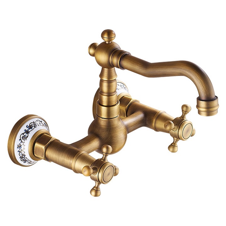 Смесител в ретро стил, двойно управление, 360 въртене, античен бронз, стенен монтаж