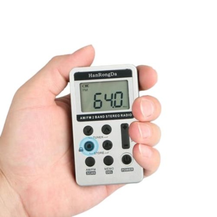 Radio portabil cu 2 benzi AM/FM, digital, mini stereo, LCD, baterie reincarcabila, 48x85x12mm