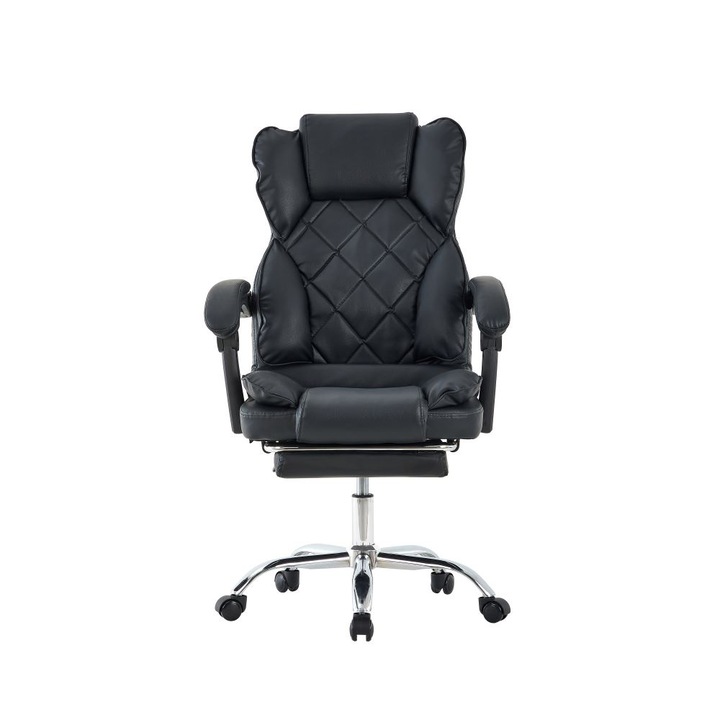 Ръководителски стол, PROCART, поставка за крачета, сгъваема облегалка, завъртане на 360 градуса, дунапренени подлакътници, екологична кожа, черен