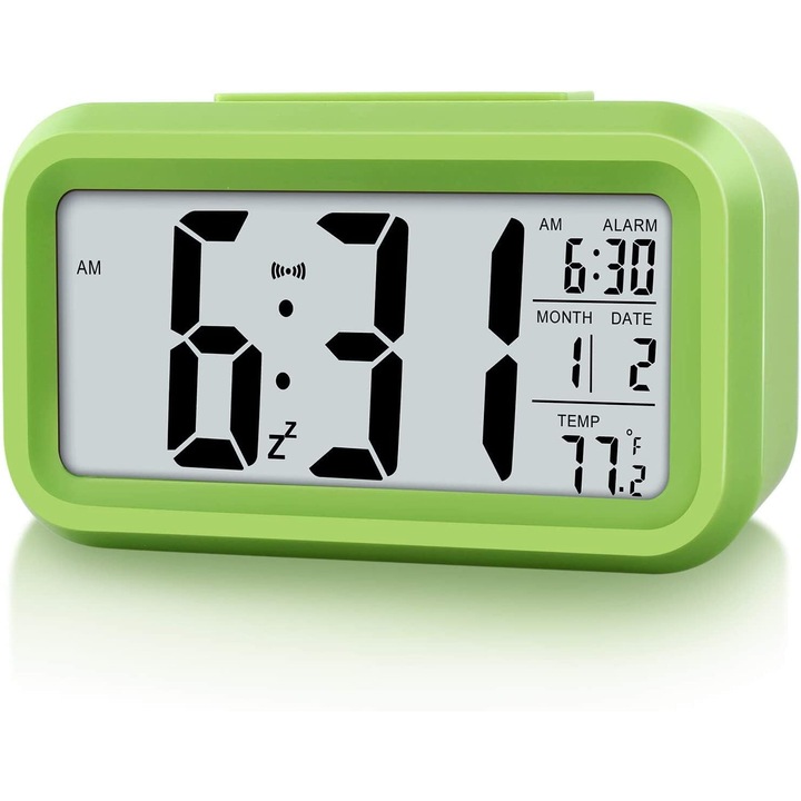Ceas digital cu afisaj LED, senzor de luminozitate, functie Snooze, verde