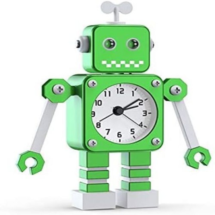 Ceas decorativ pentru copii, analog, rezistent la cazaturi, alarma punctuala, verde/alb, 17.3x10.7x4.2cm