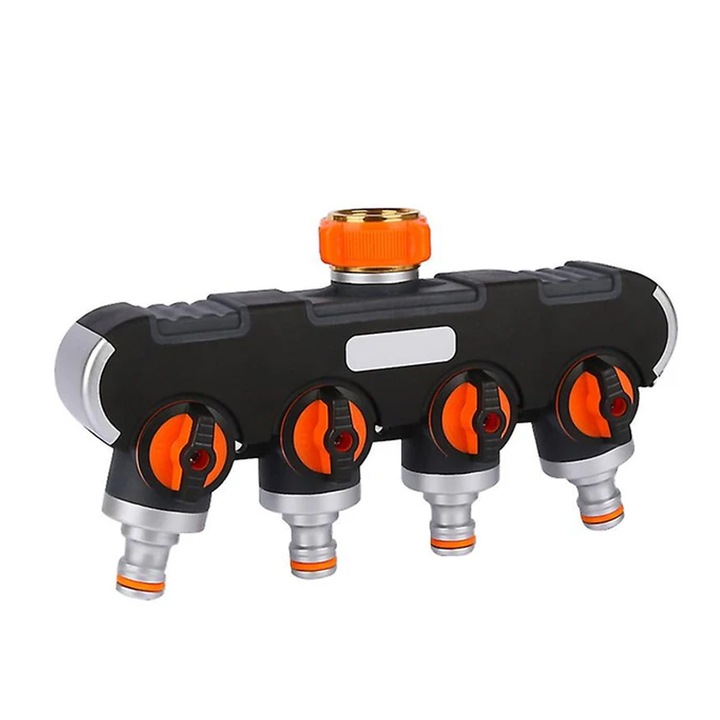 Distribuitor 4 cai pentru furtun de gradina, Cauciuc / Aliaj Aluminiu, Reglabil, 21.8 x 12.8 cm, Negru / Portocaliu