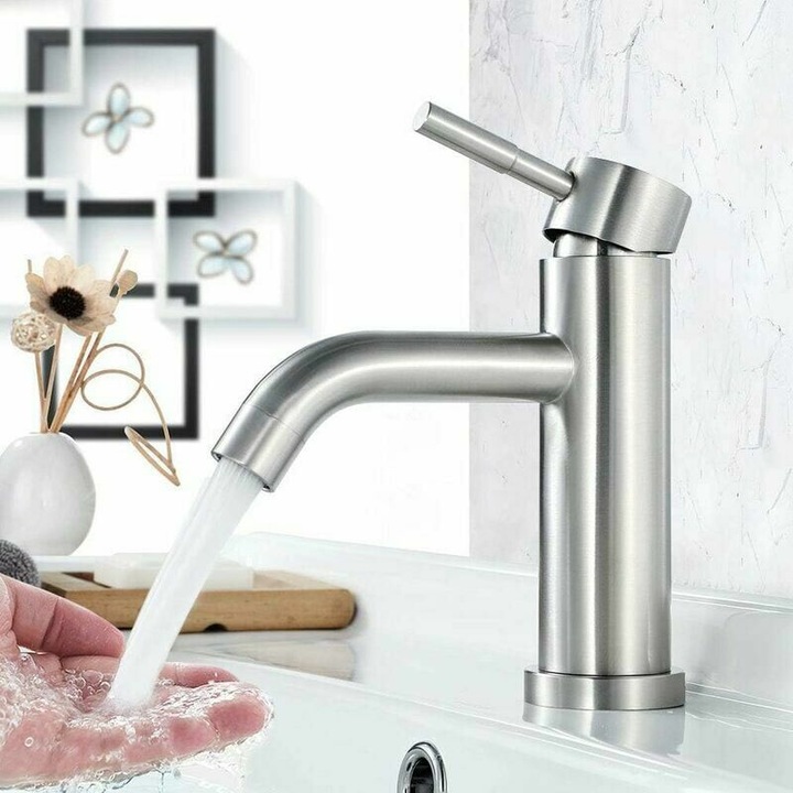 Egykaros fürdőszobai csaptelep, matt rozsdamentes acél, 213,5 mm, víztakarékos