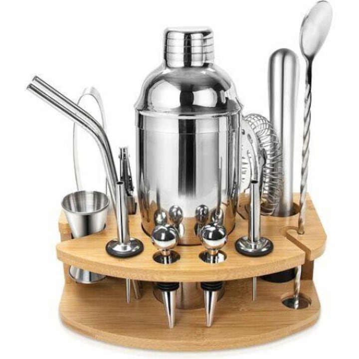 Set Cocktail, Inox, Suport din Lemn, 13 Piese, 750ml, Argintiu/Maro