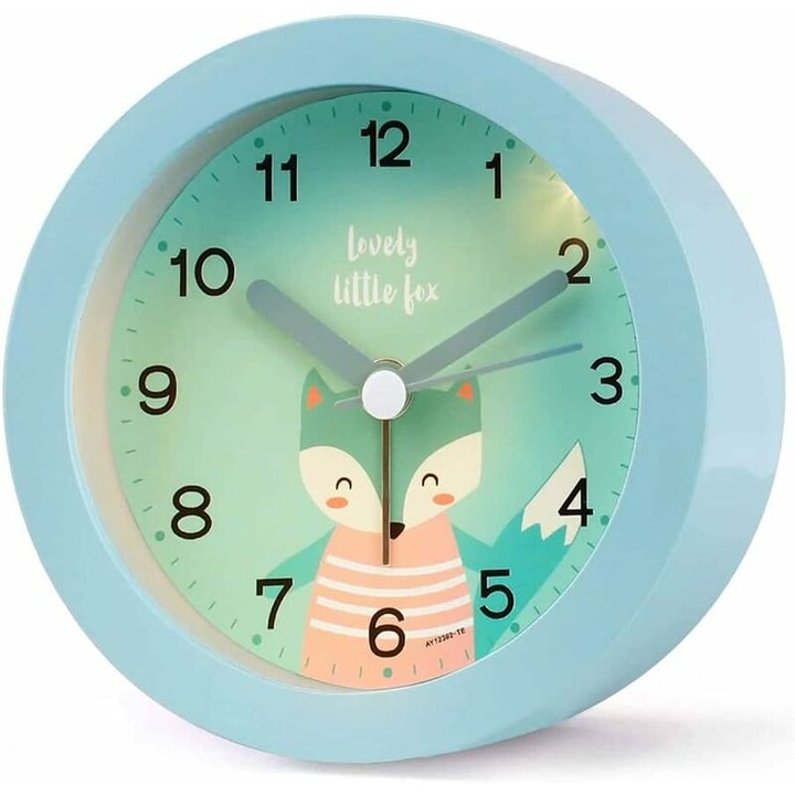 Ceas desteptator pentru copii, analog, cu lumina nocturna, silentios, 9.5x9.5x4cm, albastru