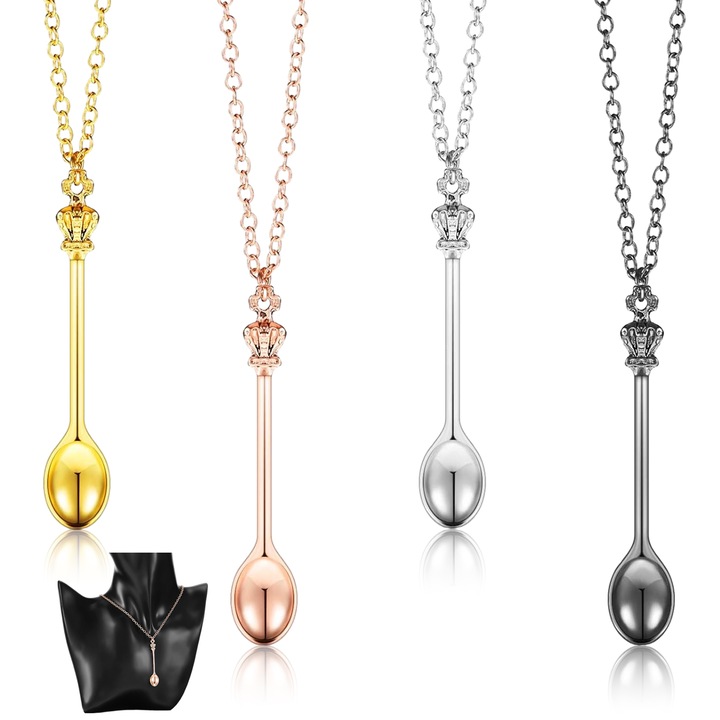 Set 4 Coliere cu Pandantiv Lingurita Mini, Aliaj, Multicolor, Lant Reglabil