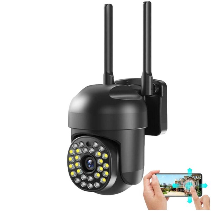 Camera de supraveghere exterior, Full Color PTZ IP, 1080P, vedere nocturna color, rotire 360, negru, fara card TF inclus