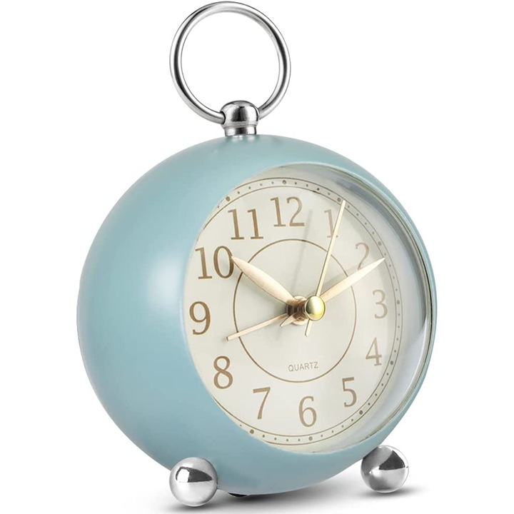 Ceas desteptator retro, silentios, rezistent la caderi, Metal, 9x9.5 cm, albastru