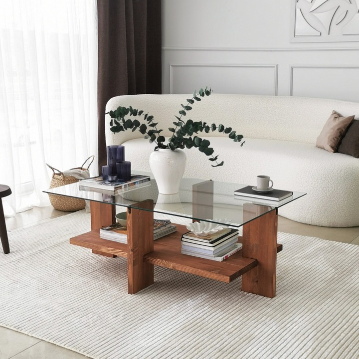 Маса за кафе модел Finley, 105x60x40 см, смърч, масивно дърво, плот от безопасно стъкло