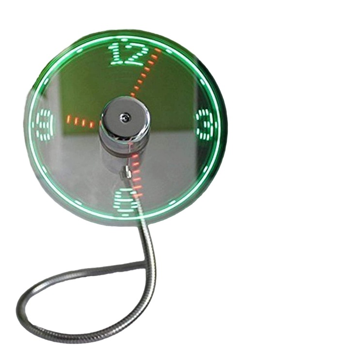 USB ventilátor idő és hőmérséklet kijelzővel, rugalmas, PVC, ezüst