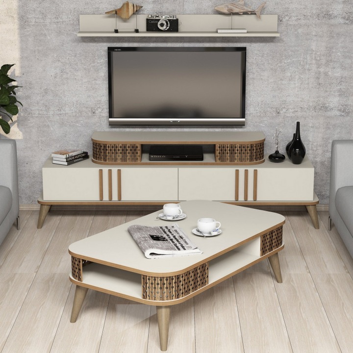 Комплект скрин за телевизор и масичка, модел Шрьодер, 105x60x34,6 см, кремав