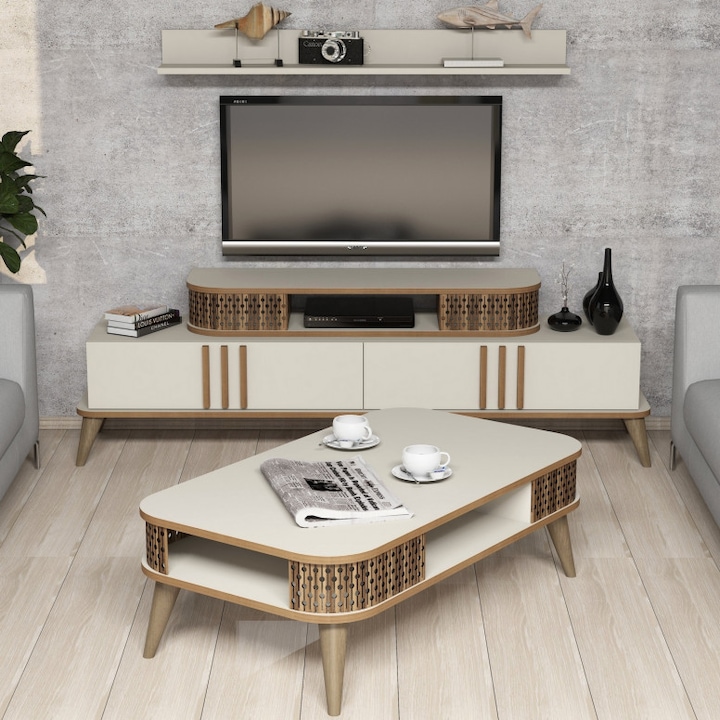 Комплект скрин за телевизор и масичка, модел Шрьодер, 105x60x34,6 см, кремав