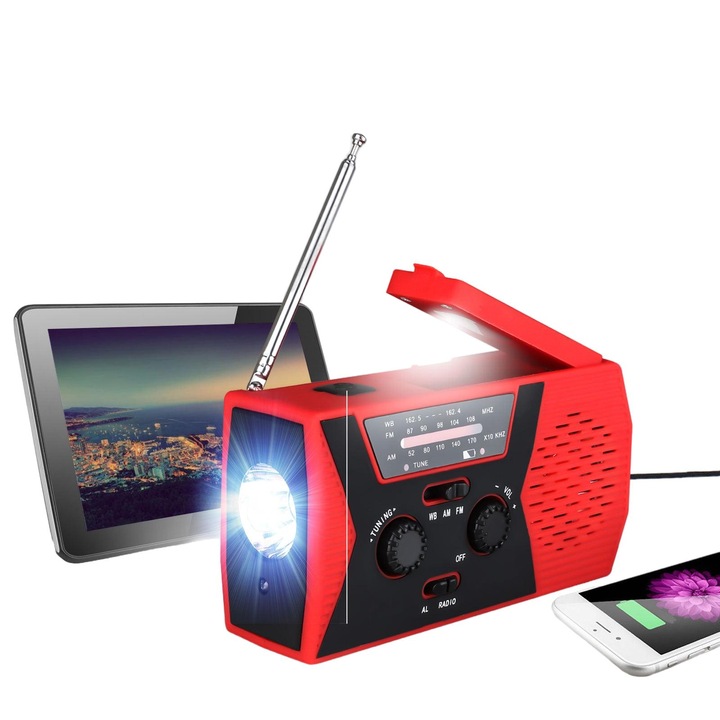 Radio de urgenta cu manivela si solar, lampa LED, baterie 2000mAh, functie SOS cu busola, negru/rosu