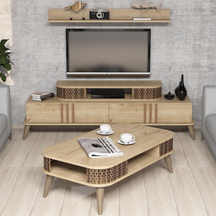 Комплект скрин за телевизор и маса за кафе, Модел Шрьодер, 105x60x34,6 см, дъб