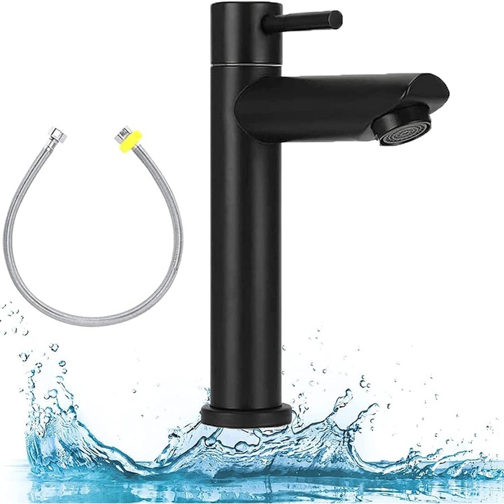 Fürdőszobai csaptelep, rozsdamentes acél, fekete, egykaros, hideg vízhez, fürdőszobába, konyhába