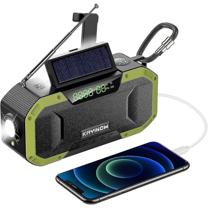 Radio portabil multifunctional, rezistent la apa IPX5, baterie 5000mAh, lanterna, solar si manivela