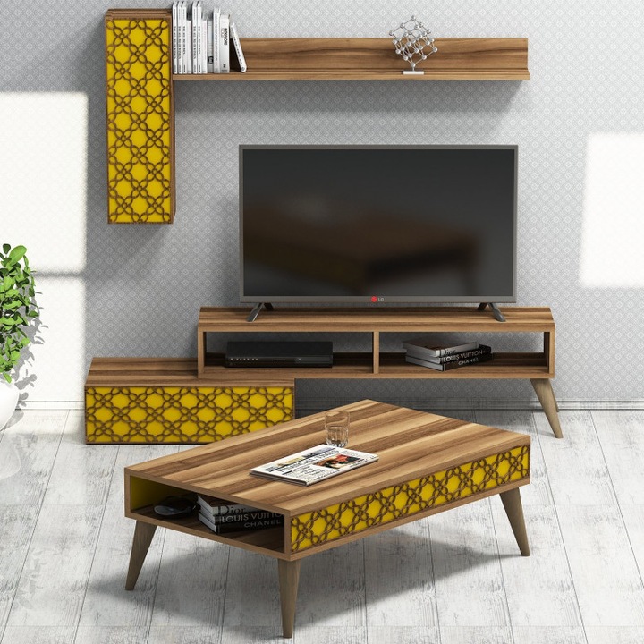 Скрин за телевизор и масичка за кафе, Модел Reese, 105x37x60 см, орех/жълт