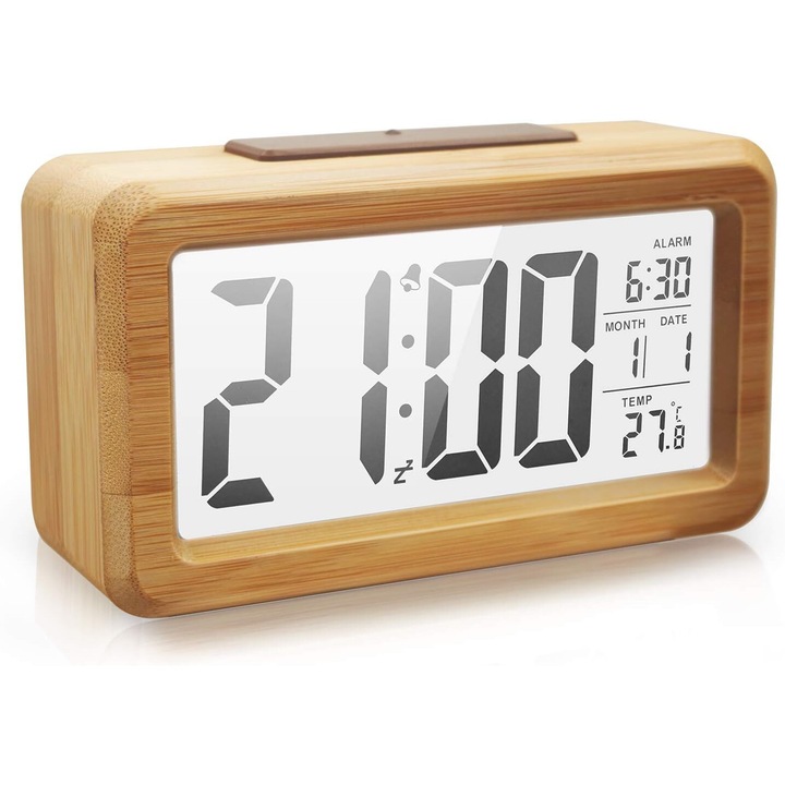 Ceas digital, design retro, ecran mare 5.5 inch, lumina de fundal, functie snooze si temperatura, lemn