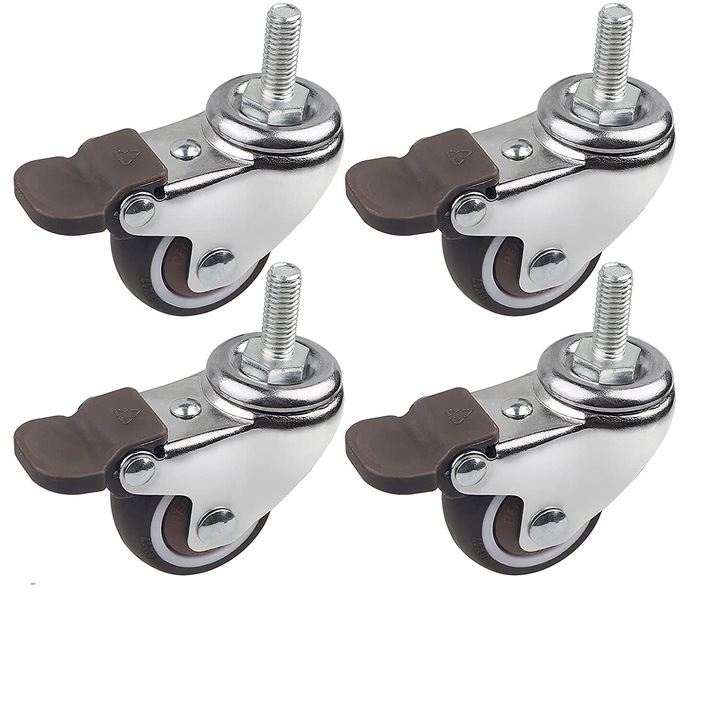 Set 4 roti pivotante cu frana, cauciuc, capacitate 88 kg, 38 x 54 mm, argintiu/maro