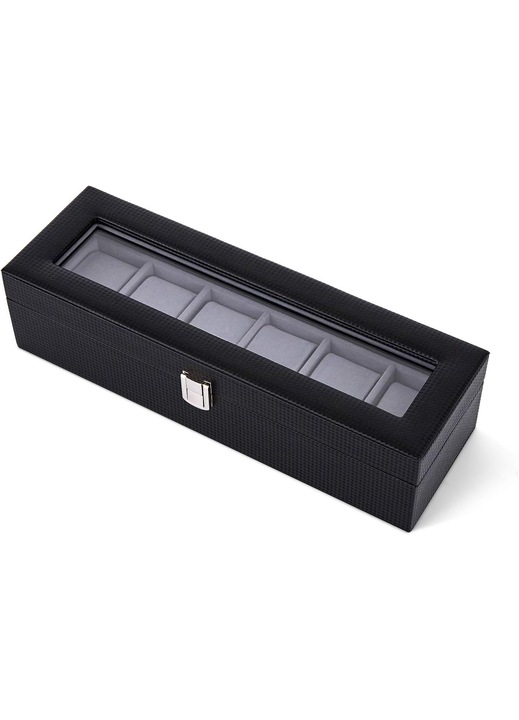 Cutie pentru ceasuri, 6 sloturi, capac cu geam, captuseala de catifea, negru, 34.5x11x8.5cm