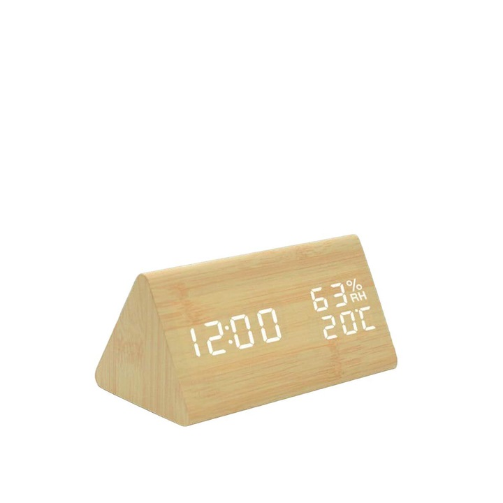 Ceas electronic cu afisaj LED, temperatura si umiditate, alimentare USB, lemn, maro