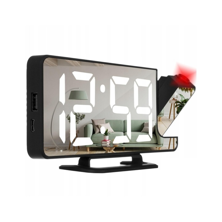 Ceas cu alarma si proiectie, afisaj LED, rotire 180°, oglinda, iluminare reglabila, alimentare USB-C