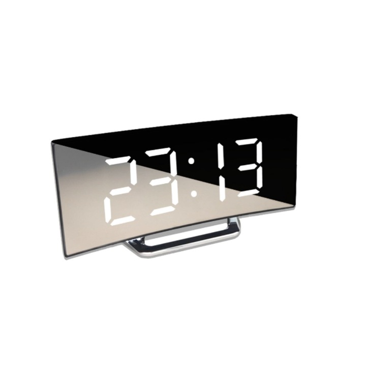 Ceas multifunctional, Iluminare LED, stil oglinda, alarma, scris alb