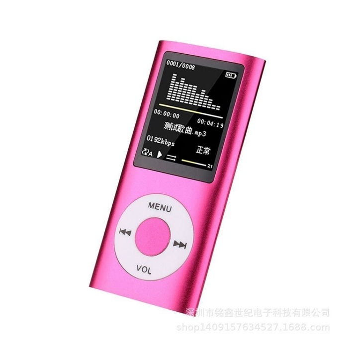 MP3 плейър, 8GB, розов, със слушалки и кабел за данни