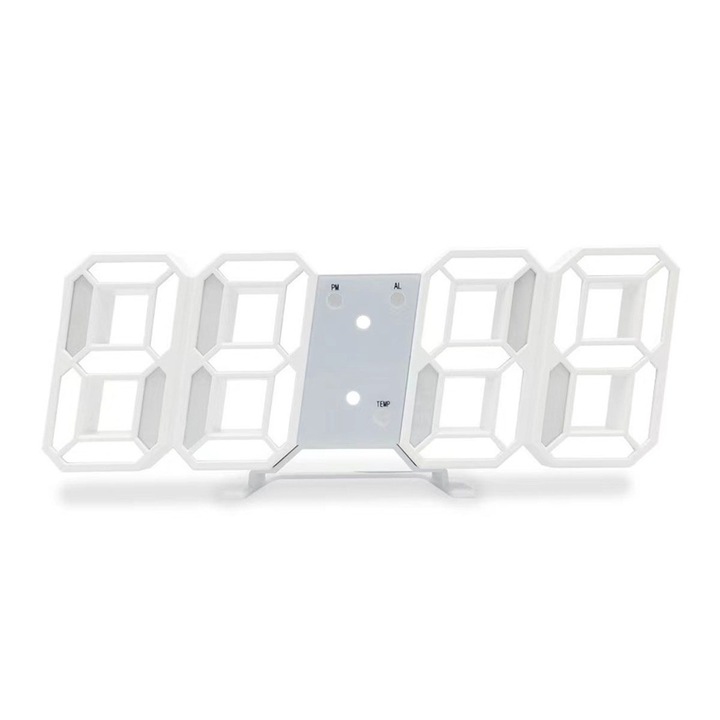 Ceas digital 3D LED, design modern, mod nocturn, Incarcare USB, alb