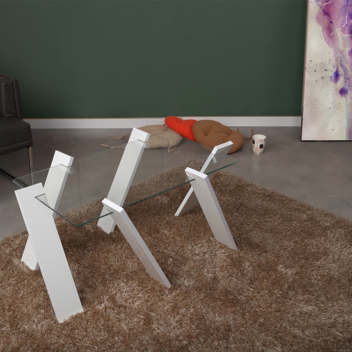 Маса за кафе модел Stanton, 92x57x41 см, бяла, плот от безопасно стъкло