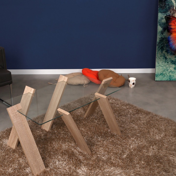 Маса за кафе модел Stanton, 92x57x41 см, светъл дъб, плот от безопасно стъкло