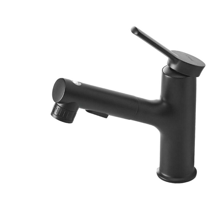 Fürdőszoba csaptelep kihúzható permetezővel, kerámiapatronos, fekete, 50cm