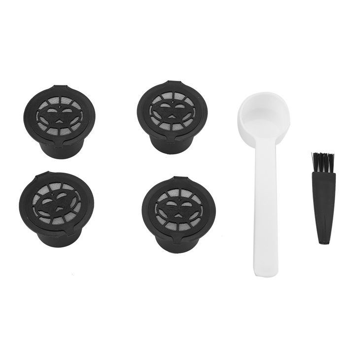 Set accesorii pentru cafea, filtre reutilizabile cu lingura si perie, negru, 3.7x2.7cm