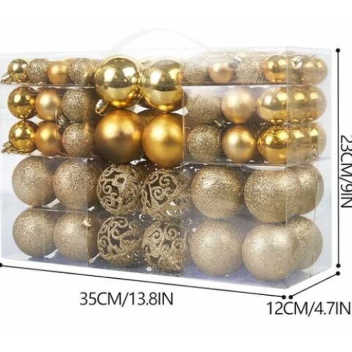 Set Globuri de Craciun, 100 bucati, 3 dimensiuni, auriu, 3x4x6 cm