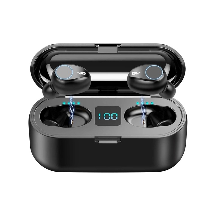 Casti Bluetooth F9 TWS 5.0 True Wireless, impermeabile IPX7, tactile, cu microfon